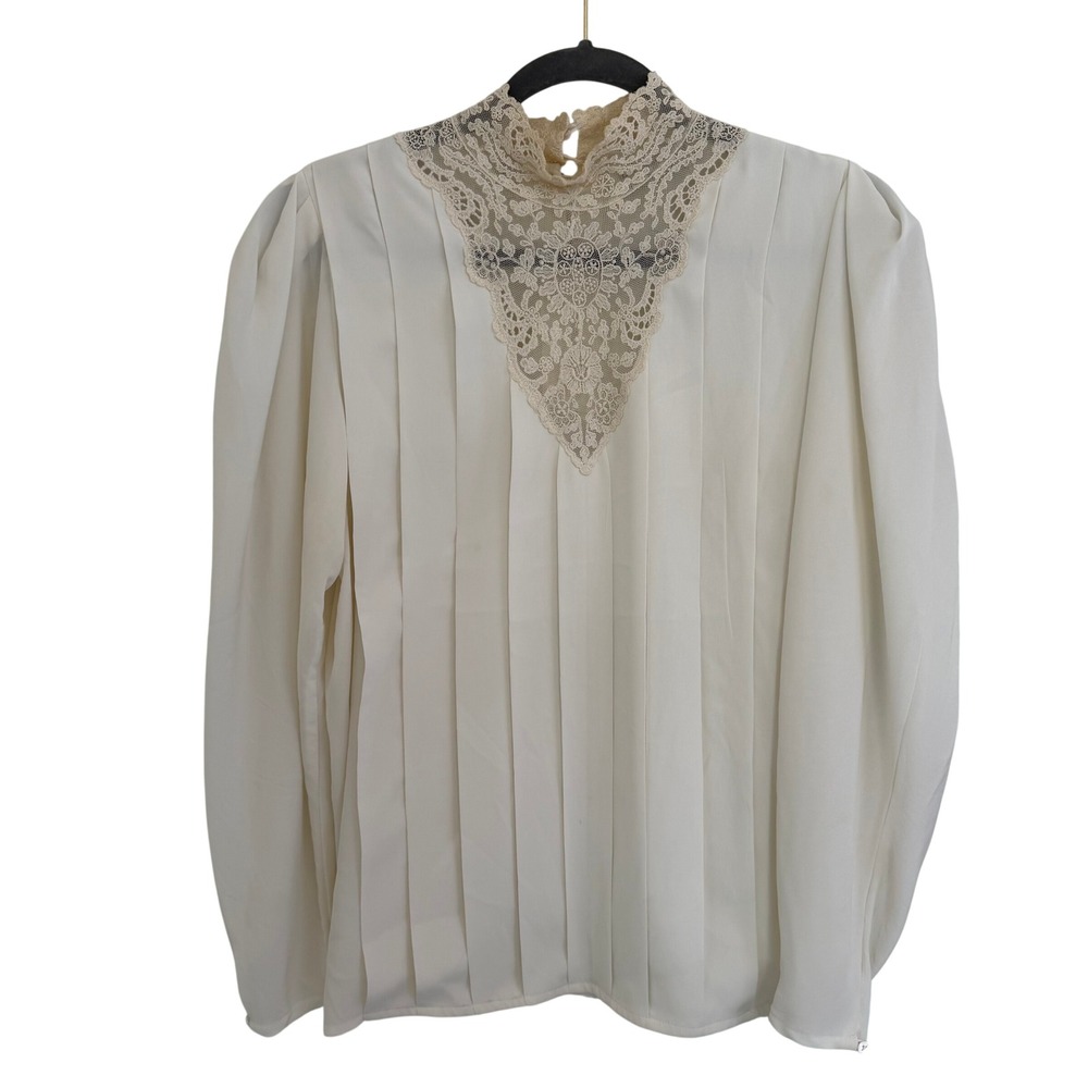 Vintage Ivory Lace Bib High Neck Pleated Blouse Top Size 8 Victorian Edwardian